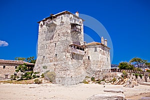 Historic fort in port Ouranoupolis , Greece.