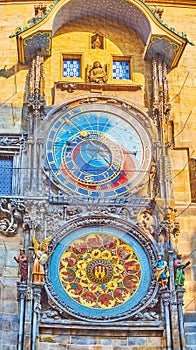 Historic frescoes of astronomical clock of Old Town Hall, Prague, Czech Republic