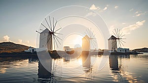 Historic Greek windmills on sunset with reflection in calm sea water, romantic Greece, AI generative