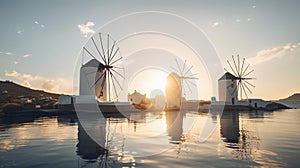 Historic Greek windmills on sunset with reflection in calm sea water, romantic Greece, AI generative
