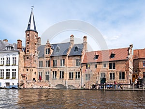 Historic guildhall of tanners along Dijver canal in Bruges, Belgium