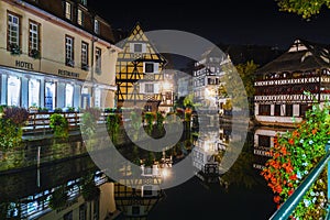 Historic half-timbered houses in tanners quarter in district la petite france in Strasbourg at night