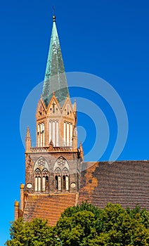 Historic Holy Mary gothic Kosciol Mariacki church in old town quarter of Trzebiatow in Poland