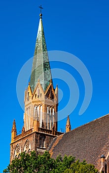 Historic Holy Mary gothic Kosciol Mariacki church in old town quarter of Trzebiatow in Poland