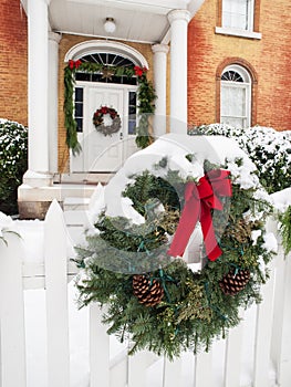 Historic home with Christmas decorations