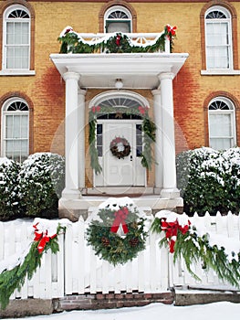 Historic home with Christmas decorations