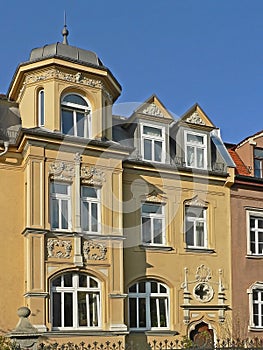 Historic house facade with jutty and gables, germany