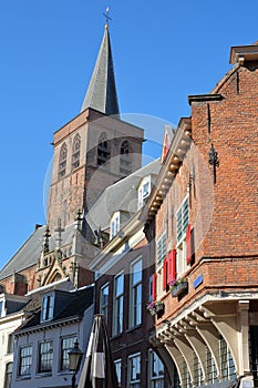 Historic house facades and Sint Joriskerk St George`s church in Amersfoort