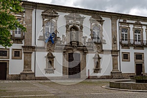 Historic house fronts on the Praca de Sao Tiago square in the historic city center