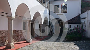 Historic house with stony columns and ivies on brick wall.