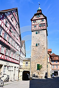 Historic houses, tower of city wall - Josenturm - in Schwabisch Hall, Germany