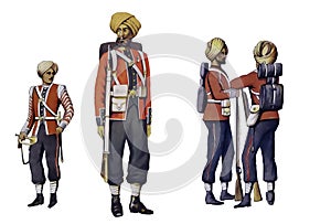 Historic Indian Army 15th Sihk Infantry soldiers. Digital illustration