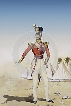 Historic Indian Army uniform and soldier. In front of a camp. Digital illustration