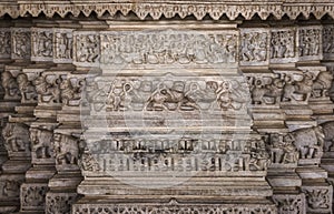 Historic Jain temple detail architecture in Ranakpur, Rajasthan, India