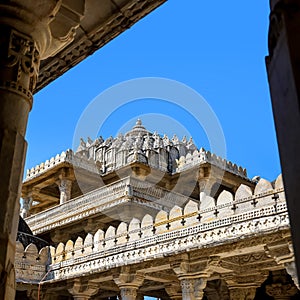 Historic Jain temple exterior architecture in Ranakpur, Rajasthan, India