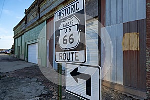 An historic Kansas US route 66 road sign in the State of Kansa