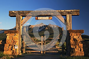 Historic Last Dollar Ranch gate, Hastings Mesa, Route 58p, near Ridgway, Colorado, USA