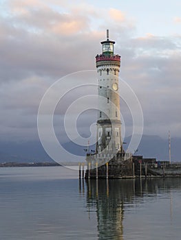 Historic lighthouse at Lindadu harbor entrance on Lake Constance