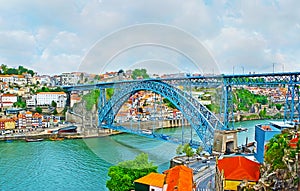 The historic Luis I bridge and banks of Douro River, Porto, Portugal