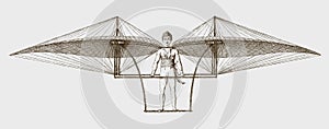 Historic man-powered flying machine with two movable wings