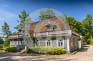 Historic manor house situated in Palace Park dating from 1845, the oldest building in Bialowieza town, Poland.