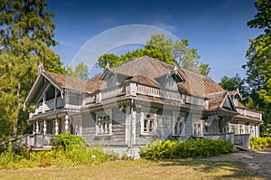 Historic manor house situated in Palace Park dating from 1845, the oldest building in Bialowieza town, Poland