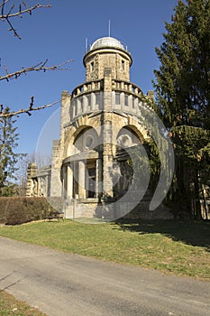 Historic Masaryk lookout tower of independence in Horice in Czech republic, sunny day