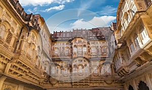 Historic Mehrangarh Fort exterior architecture details with intricate artwork at Jodhpur, Rajasthan, India