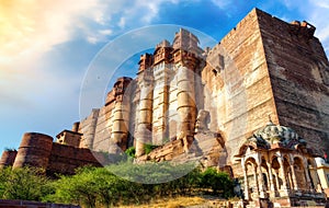 Historic Mehrangarh Fort at Jodhpur Rajasthan India at sunset.