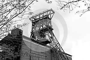 Historic mining tower in black and white