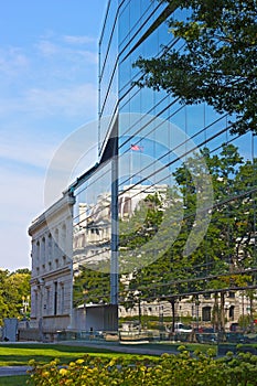 Historic and modern architecture live side by side in Washington DC, USA.