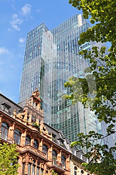 Historic and modern high-rise architecture in Frankfurt, Germany