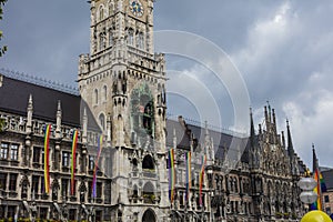 The historic Munich town hall at the Marienplatz decorated with rainbow flags for the Christopher Street Day CSD event, Germany