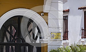 Historic name sign of Plaza de San Pedro Claver, Cartagena, Colombia