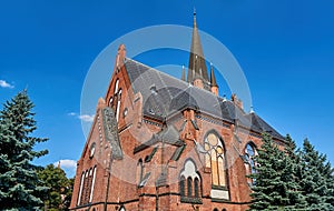 Historic, neo-Gothic, red-brick building in Drezdenko