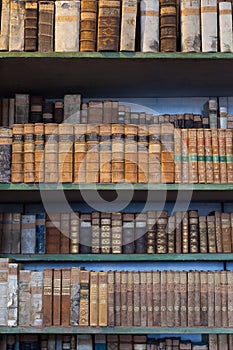 Historic old books in library, wooden bookshelf