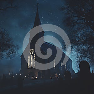 An old church at night illuminated by the soft glow of lanterns. photo