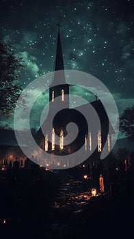 An old church at night illuminated by the soft glow of lanterns. photo