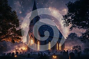 An old church at night illuminated by the soft glow of lanterns. photo