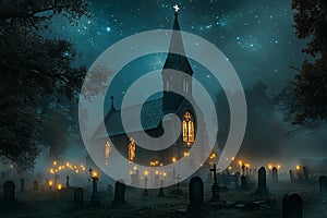 An old church at night illuminated by the soft glow of lanterns. photo