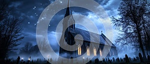 An old church at night illuminated by the soft glow of lanterns. photo