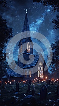 An old church at night illuminated by the soft glow of lanterns. photo