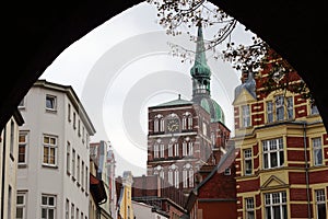 View through Kniepertor, historic old city of Stralsund, Germany