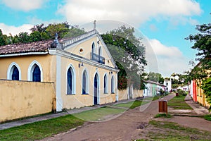 Historic old houses in the historic center of the old town of Porto Seguro, in the state of Bahia, Brazil