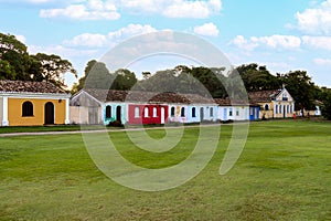 Historic old houses in the historic center of the old town of Porto Seguro, in the state of Bahia, Brazil