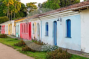 Historic old houses in the historic center of the old town of Porto Seguro, in the state of Bahia, Brazil photo