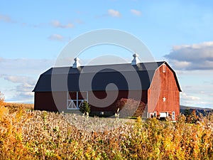 Historic old red barn on hilltop during Autumn season