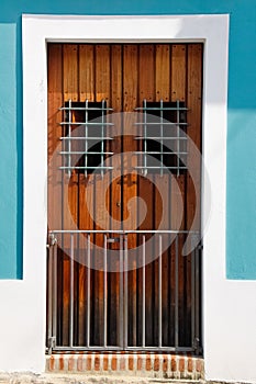 Historic Old San Juan Brown Door, Aqua Blue Walls