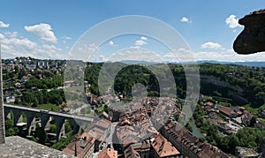 The historic old town of Fribourg in Switzerland with the many bridges over the river Saane