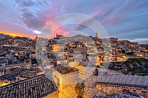 The historic old town of Matera after sunset